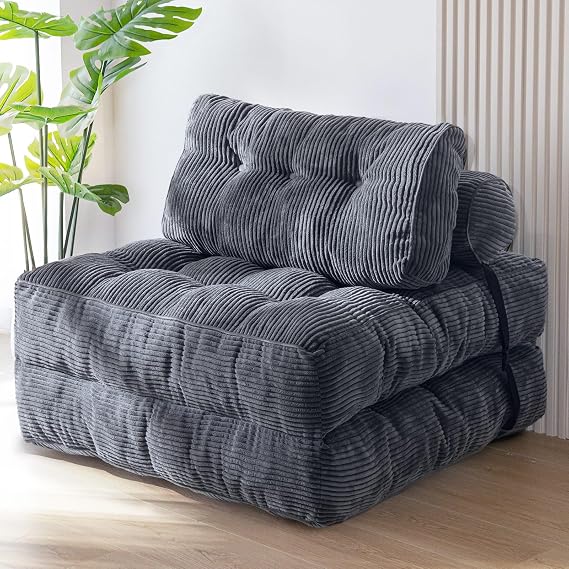 MAXYOYO Folding Sofa Bed, Convertible Sleeper Chair with Pillow Foldable Mattress with Back Support, Portable Fold Out Chair Bed Comfy Floor Sofa Lounge for Living Room Bedroom, Dark Grey