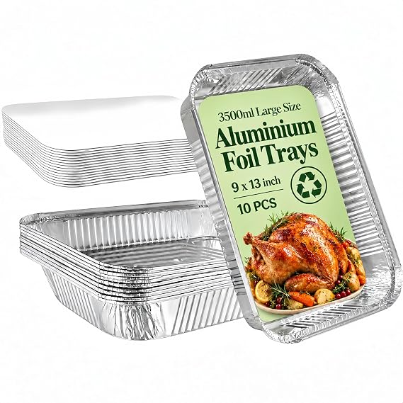 10 Pack Large Aluminium Foil Trays with Lids 32x21x5cm - Deep Roasting Pans