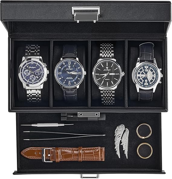 ProCase Watch Case, 4 Slot Mens Watch Box with Drawer -Black