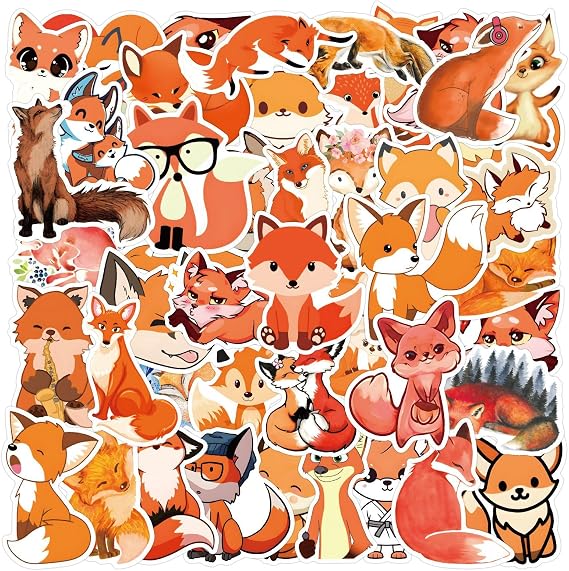 60PCS Cute Cunning Fox Stickers,Cartoon Animal Fox Waterproof Sticker for Laptop Water Bottles Bumper Skateboard Bike Scrapbook Car Phone Guitar Computer Luggage,Gifts Decals for Teens Kids