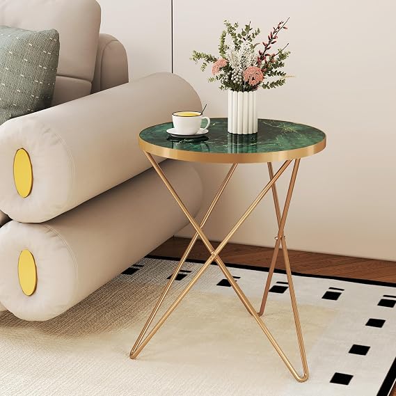 Marble Round Side Table for Living Room, Green Gold Coffee Table