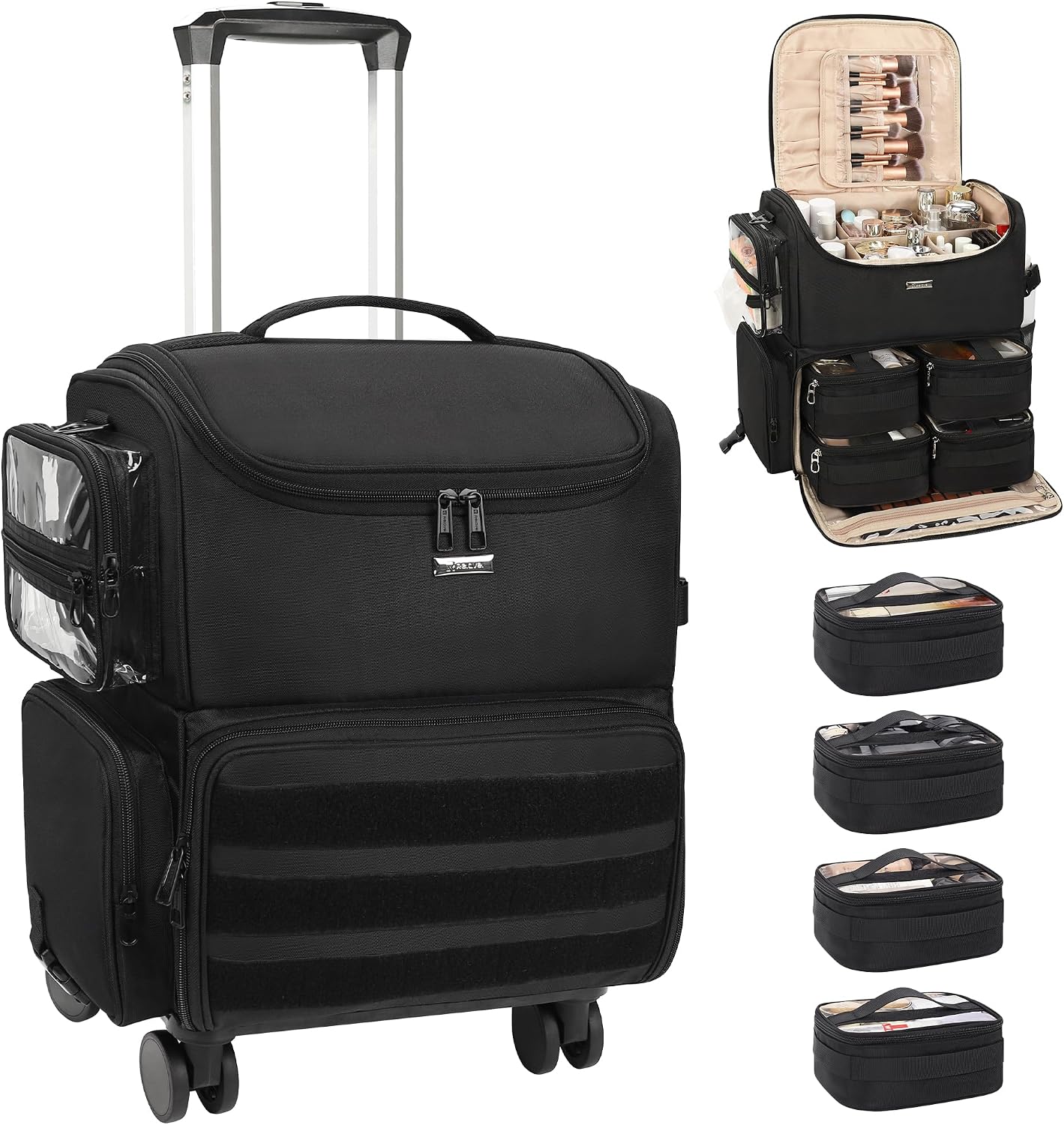 Relavel Rolling Makeup Train Case, Cosmetology Case on Wheels with 4 Clear Bags, Professional Makeup Artist Set Bags Cosmetic Storage Organizer with Adjustable Dividers, 360° Spinner Wheels, Black
