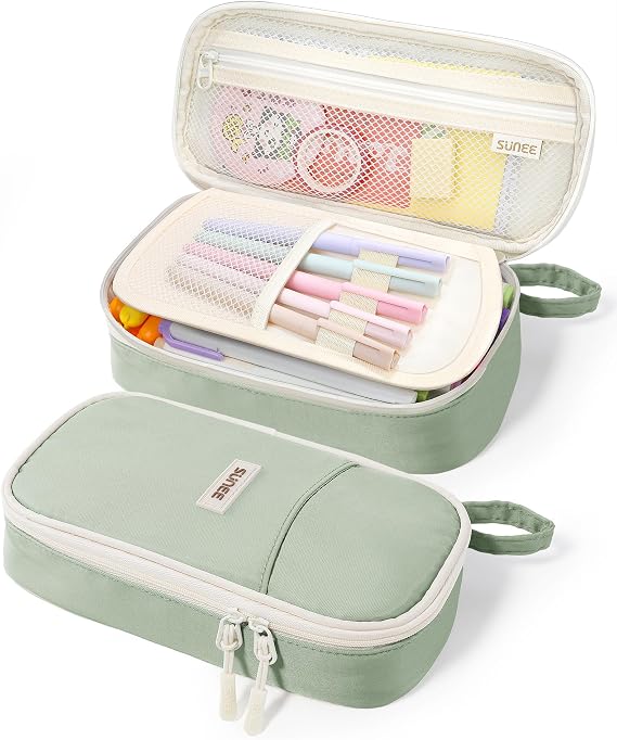 SUNEE Large Capacity Pencil Case with Compartments and Handle, Aesthetic Pen Pouch Organizer, Big Storage Portable Pencil Bag for Girls, Boys, Adults, School and Office Stationery Supplies, Green