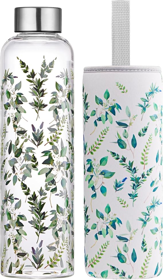 Glass Water Bottle 1000ml Artistic Glass Drinking Bottle with Lid Leak Proof Borosilicate Water Bottle with Protection Sleeve, Fine Gifts for Girls and Women