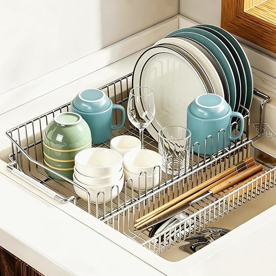 Dish Drying Rack in Sink - Expandable Stainless Steel Dish Drainers for Kitchen Counter, Dish Dryer Rack for Inside Sink, Over The Sink Dish Racks with Utensil Holder, Sink Colander