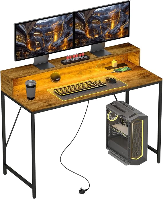 HOMCOM 120cm Computer Desk with LED Lights and Power Outlets, Rustic Brown