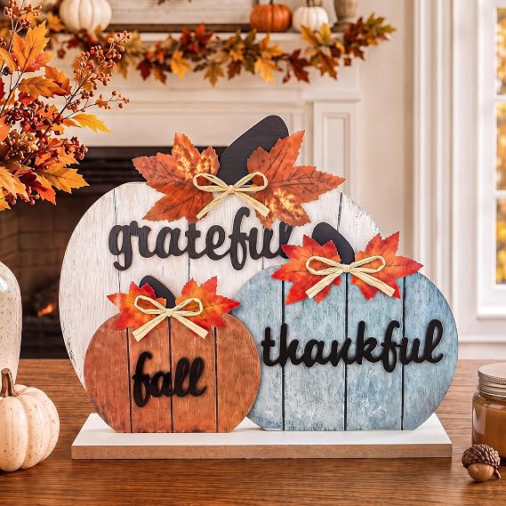 OLANRUN Fall Decorations for Home, Fall Table Pumpkin Decor with 3D Letter Blessed Grateful Thankful Wood Plaque Signs, Autumn Harvest Decor for Thanksgiving, Farmhouse, Mantel, Kitchen