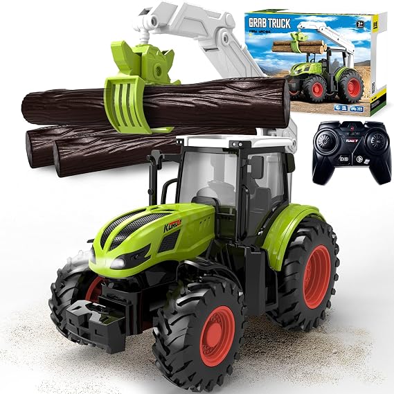 Remote Control Tractor With Wooden Grabber and 3 Tree Trunks - RC Tractor Kids, RC Farm Toy for 3 4 5 6 8 Years Old
