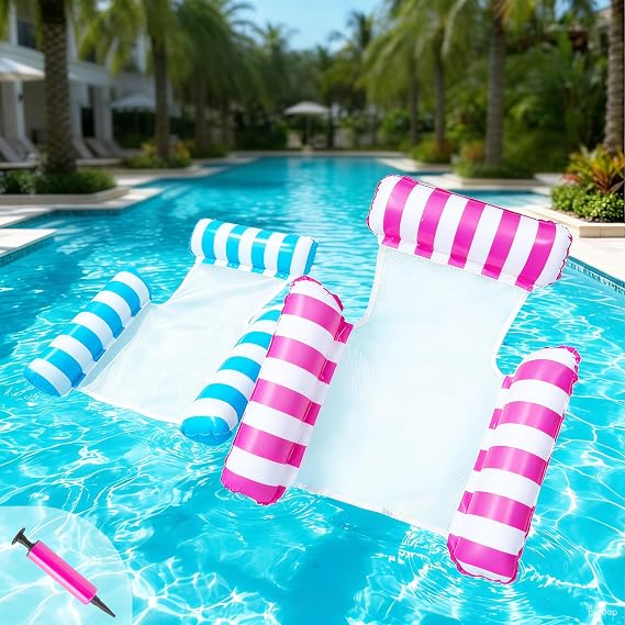 2 Pack Pool Inflatables for Adults, Lilo Pool Inflatables, 4 in 1 Water Hammock Swimming Pool Floats with Air Pump, Mesh Lounger Chair Pool Toys for Lazy River Beach
