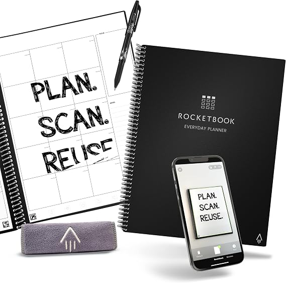 Rocketbook Reusable Everyday Planner - Daily, Weekly, Monthly Planner with Pilot Fixion Pen and Microfiber Cloth Included - Black Cover, Letter Size (PLN2-L-K-A)