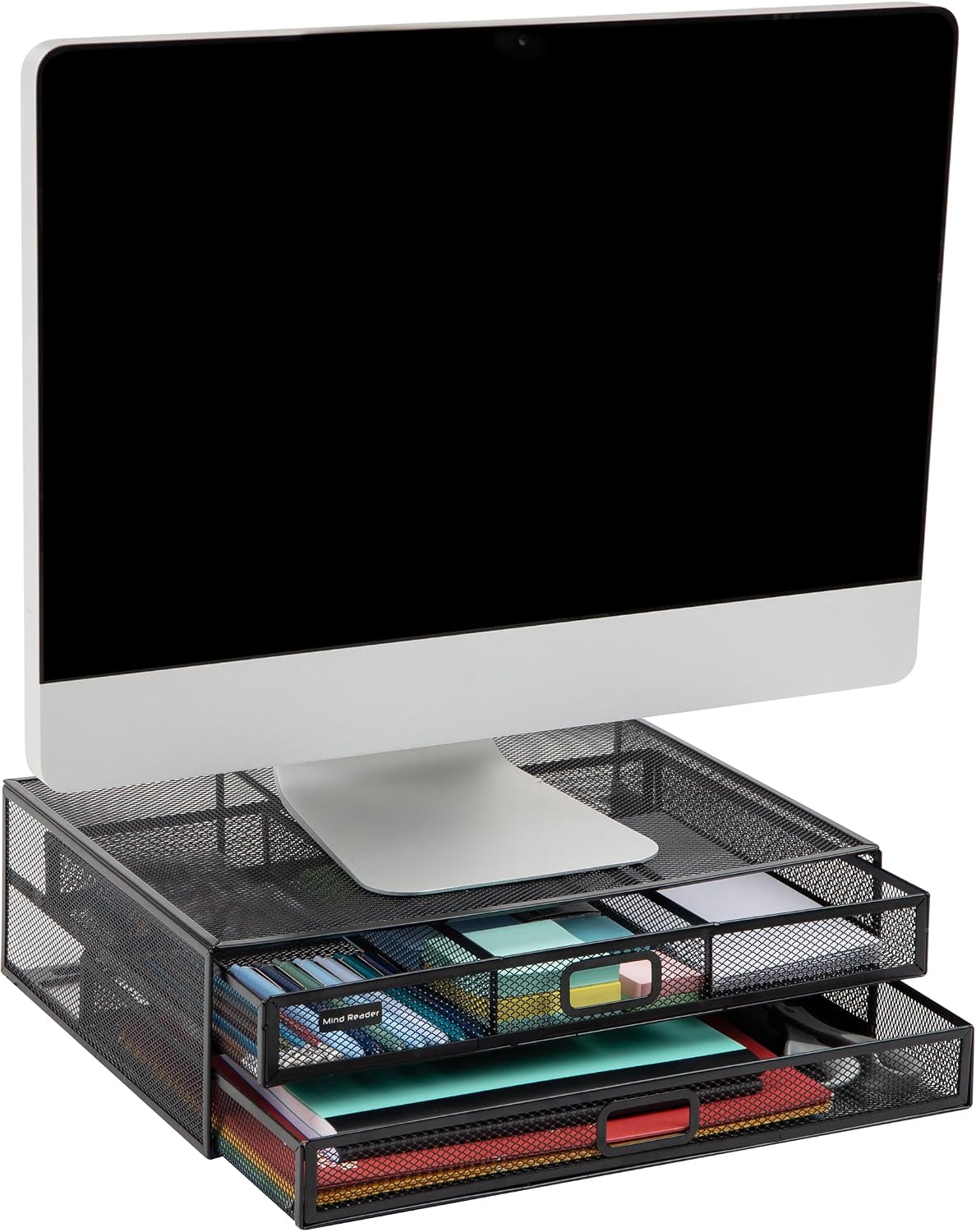 Mind Reader Network Collection, 2 Drawer File Storage Monitor Stand, Desk Organizer, Metal Mesh, Multi-Purpose, 15.75 inch U x 11.75 inch G x 4.5 inch Y, Black