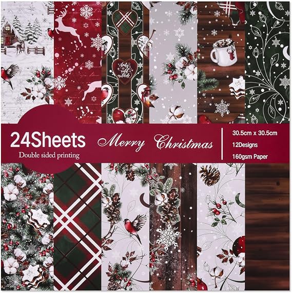 24 Sheets Christmas Pattern Scrapbook Paper Set, Decorative Scrapbooking Paper for Card Making Scrapbook decoration, 12 Designs