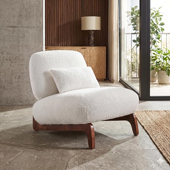Morden Fort Modern Tilt Back Accent Cloud Boucle Chair, Armless Wood Legs Reading Chair for Living Room Lounge Bedroom - Off White
