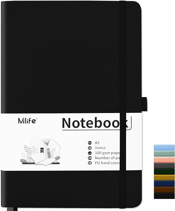 Mlife A5 Dotted Notebook, Notebook with 200 Pages, Thick 100 g/m² Ink-resistant Paper, Notebook with PU Hardcover, Inner Pocket, Elastic Band, Bullet Journal & Journal Diary (Black)