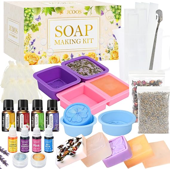 Jcoos Soap Making Kit, Soap Making Kit for Adults, Teens & Beginners, Soap Making Supplies with Soap Base, Soap Molds, Soap Staining, Fragrance, Dried Flowers, Glitter - Easy and Fun Craft DIY Kit