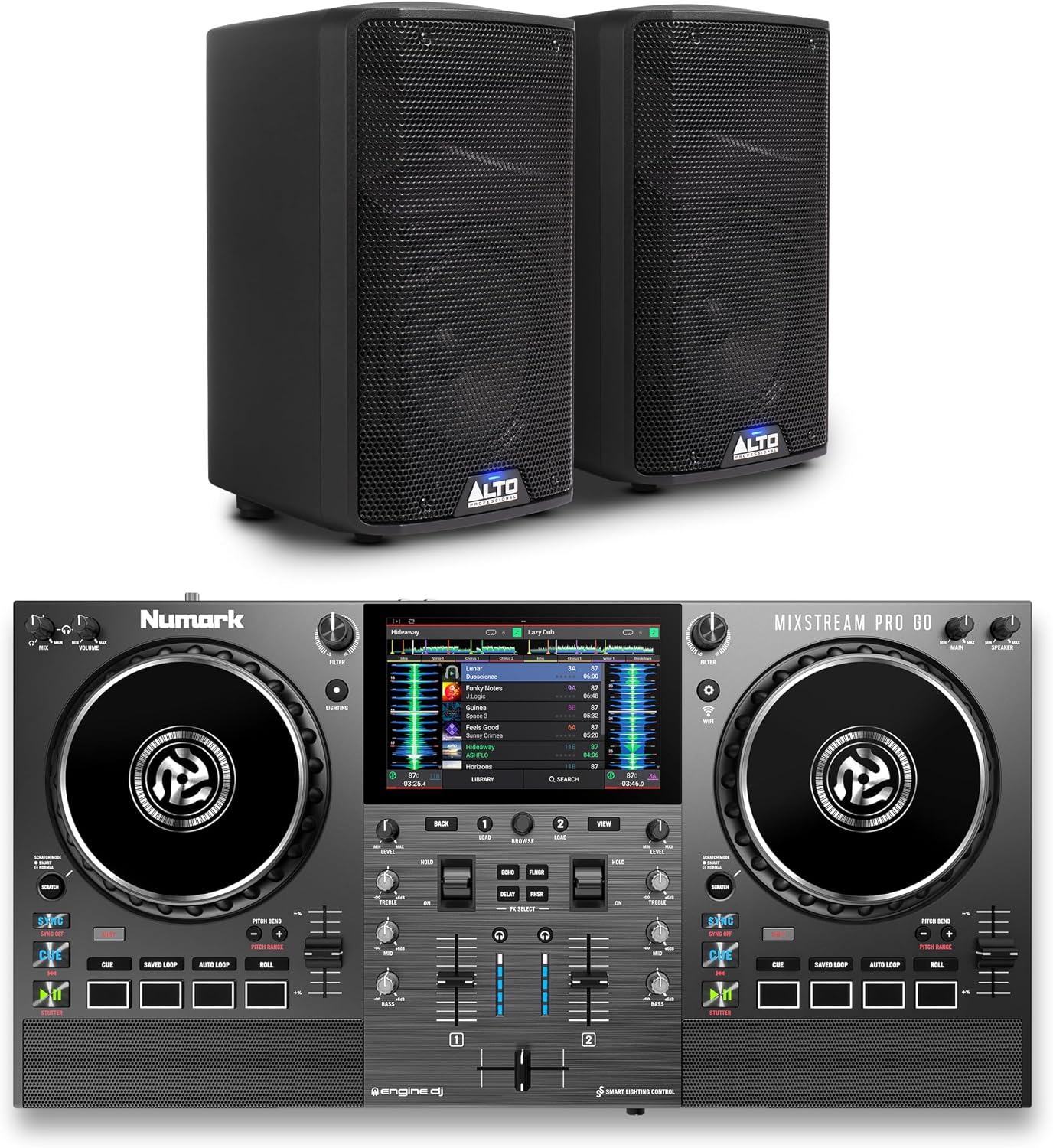 Numark Mixstream Pro Go DJ Controller and ALTO TX408 Powered PA Speakers Pair for Live Music, DJ sets, Events, Music production
