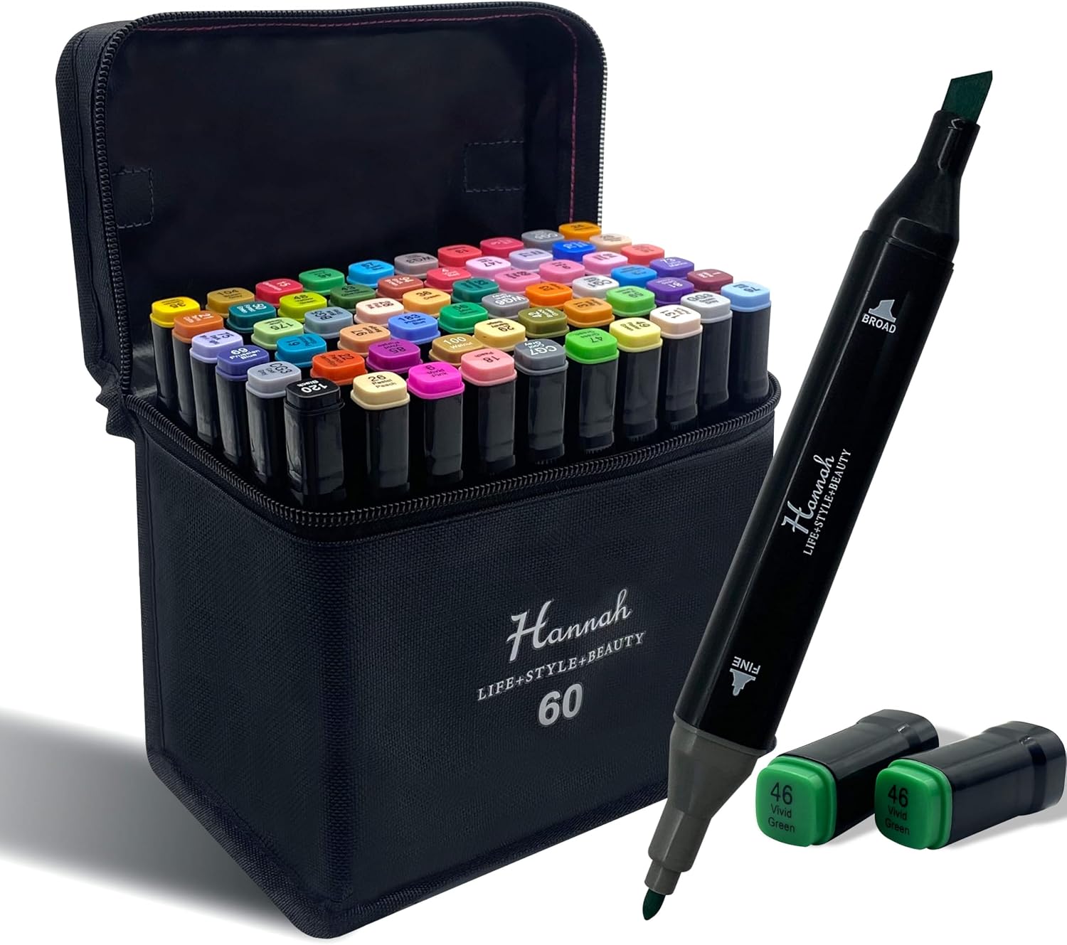 Double Sided Marker Set with Black Bag, Consisting of 60 Colorful Pens, Stand