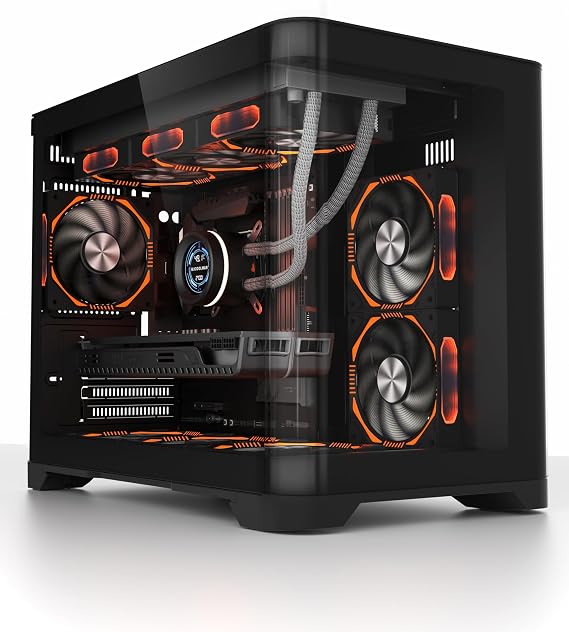 1st Player UV6 Micro ATX Black PC Gaming Case - Dual Chamber, Curved Panoramic Tempered Glass - UV6 Black No Fans