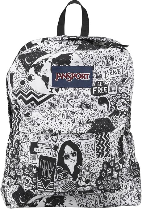 JanSport Superbreak Backpack - Black/White Free Spirit / 16.7"H x 13"W x 8.5"D