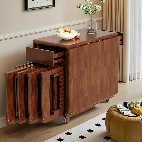 Walnut Foldable Dining Table Retro Design, Mobile on Casters with Storage Compartment, Space-Saving 1.3/1.5 Metre Long Table for Kitchen, Apartment, 4-6 Person (150CMTable)