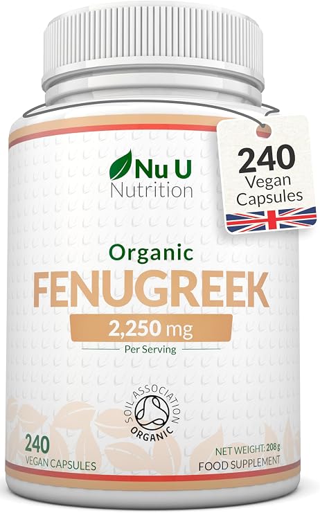 Organic Fenugreek Capsules 2250mg - 240 Vegan Capsules - 100% Pure Fenugreek Powder - Soil Association Certified - Fenu Greek Supplement for Women & Men - Made in the UK - Nu U Nutrition