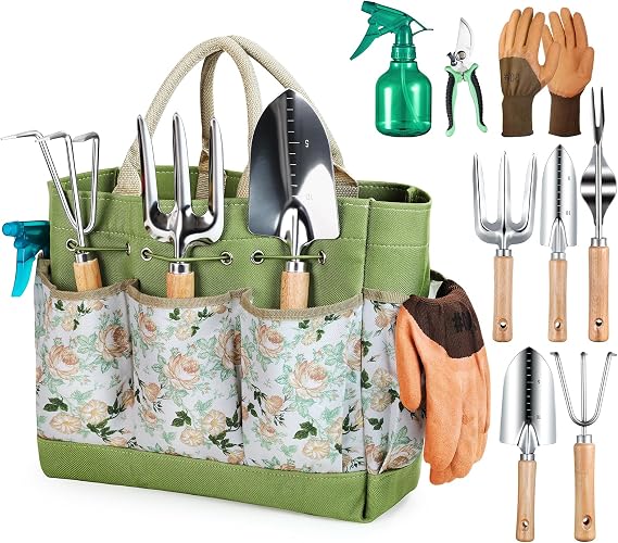 Grenebo Gardening Tools, 9-Piece Heavy Duty Gardening Hand Tools with Fashion and Durable Garden Tools Organizer Handbag,Rust-Proof Garden Tool Set, Ideal Gardening Gifts for Women Green Style