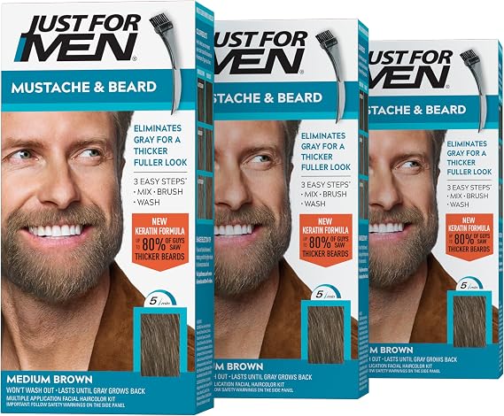 Just For Men Brush-In Mustache, Beard And Sideburns, Medium Brown, Kit ( Pack of 3 )