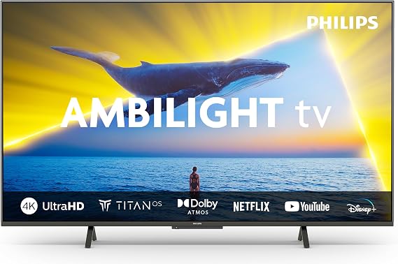 Philips Ambilight 43PUS8109 4K LED Smart TV - 43 Inch Display with Pixel Precise Ultra HD, Titan OS Platform and Dolby Atmos Sound, Works with Alexa and Google Voice Assistant - Satin Chrome [Energy Class F]