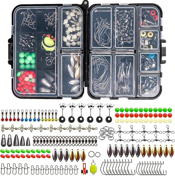 SANTUO 183Pcs Fishing Accessories Kit Sea Fishing Tackle Kit Including 1# Hooks Rolling Barrel 3# Swivels 1# 2# Snaps 10g 3.5g 5g Sinker Slides 1# Swivel Crank for Pike Bass Carp with Tackle Box