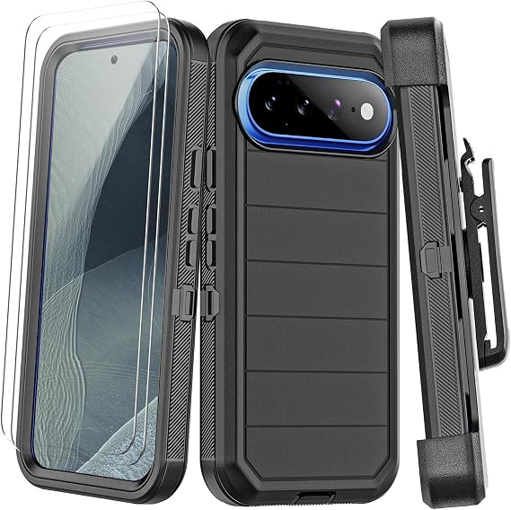 Google Pixel 11 Pro XLケース、ベルトクリップホルスター付き、スクリーンプロテクター2倍ミリタリーグレードの耐衝撃3層保護、高耐久フルボディ保護電話ケース Pixel 11 Pro XL用、ブラック