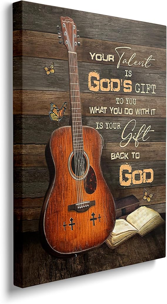 Guitar Canvas Wall Art Vintage Musical Pictures for Kitchen Living Room Bedroom Bathroom Office Retro Guitar Print Painting Home Modern Artwork Framed Wall Art Decor 16" x 12"