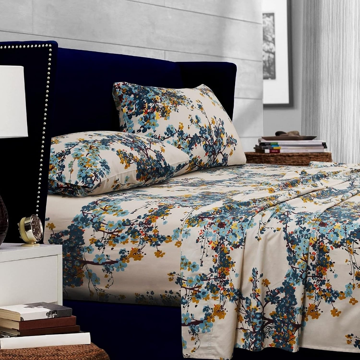 Tribeca Living Casablanca Floral Printed Deep Pocket Sheet Set, California King