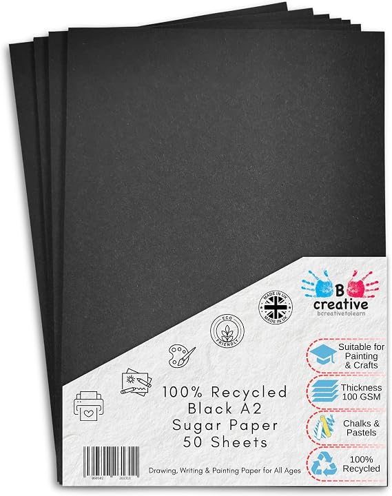 Be Creative A2 Black Sugar Paper 100gsm 50 Sheets 42 x 59.4 cm – 100% Recycled Paper for Drawing, Arts, Crafts & Classroom Use