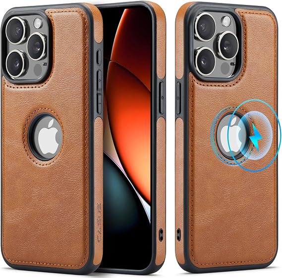 Casus Designed for iPhone 16 Pro Case Compatible with MagSafe Leather Slim Logo View Luxury Elegant Thin Cover with Tempered Glass Screen Protector (2024) 6.3" - Brown