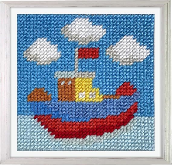 Trimits Half Stitch/Tapestry Kit Boat with Printed Canvas (17 x 17cm), Acrylic Yarns, Plastic Needle, Colour-Coded Chart and Instructions - Cross Stitch Craft Activity for Beginners