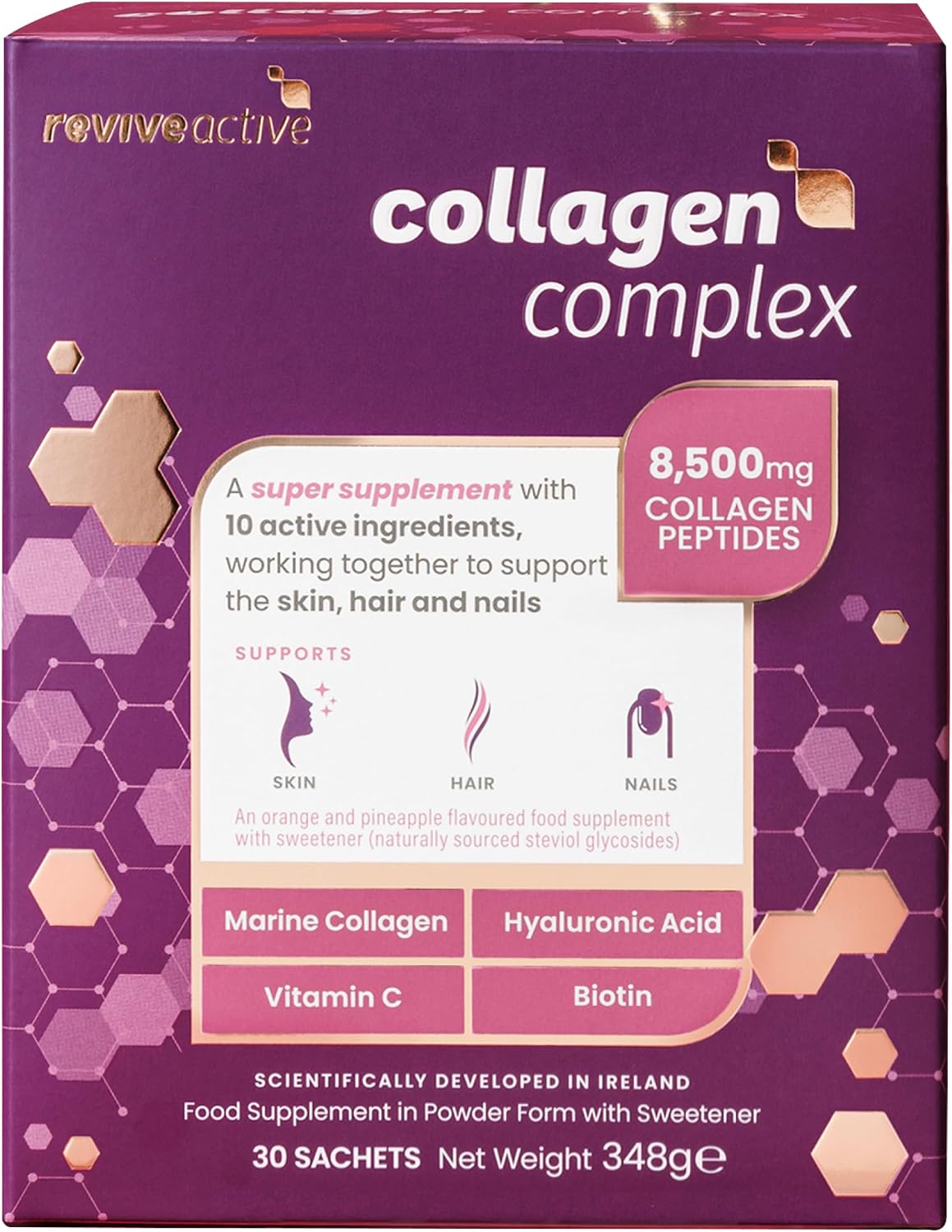 Revive Active Collagen Complex, 8,500mg Marine Collagen with Hyaluronic Acid, 5 Vitamins & 3 Minerals to Support Skin, Hair and Nails, 1 Daily Sachet, 30 Day Supply