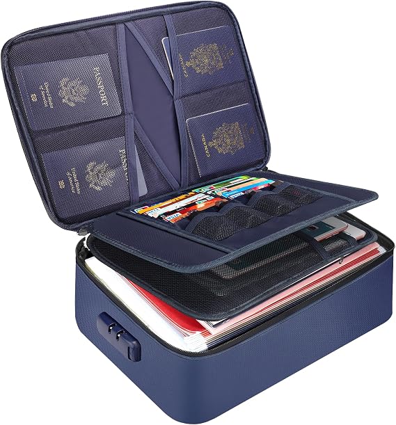 Tamfile Fireproof Document Box, 14.2''×10.6''×4'' Document Bag, Navy Blue