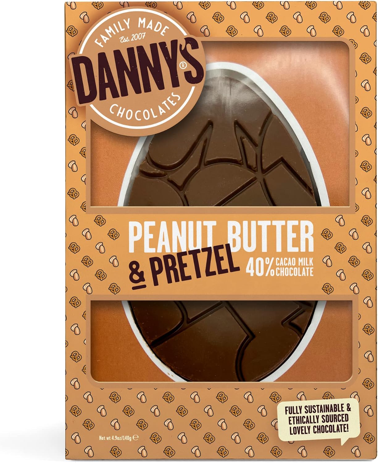 Danny's Easter Chocolate - Large Chunky 140g Peanut Butter & Pretzel Flat Egg Bar - Easter Eggs Chocolate - Easter Milk Chocolate Eggs for Kids - Plastic Free - Single Origin Cacao