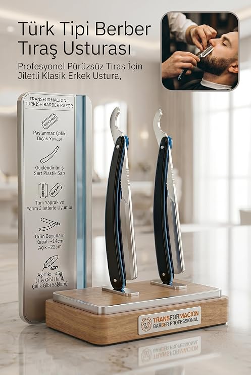Transformacion Profesyonel Berber Usturası - 2'li Set Sakal Şekillendirme ve Pürüzsüz Tıraş İçin Jiletli Klasik Erkek Ustura, Türk Tipi Çelik Tıraş Bıçağı 721910