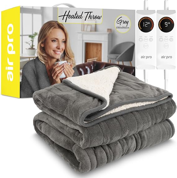 Air Pro Heated Throw - Dual Control Electric Blanket - Digital Controller - Timer up to 9 hours, 6 Heat Settings, Auto Shutoff - Machine Washable - King Size 230x250cm - Grey Shearling