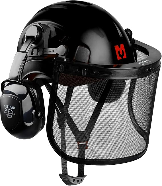 Chainsaw Safety Helmet, Protective Helmet with Earmuffs and Mesh Visor, 53 to 63 cm Adjustable Headband Suitable for Forestry, Construction, Work
