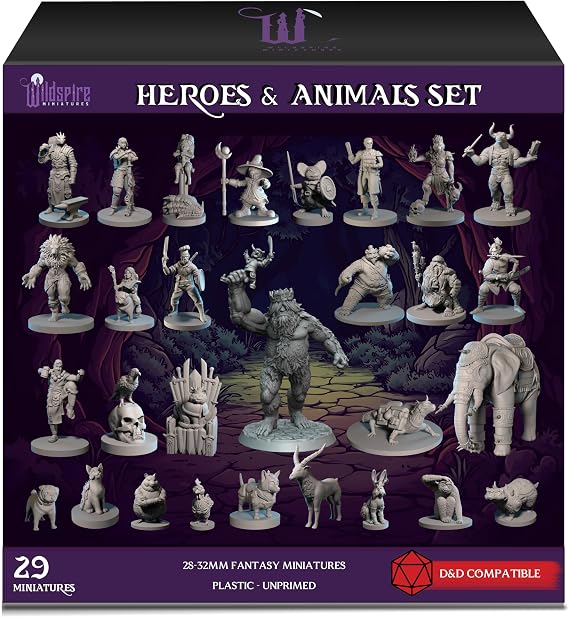 Wildspire Heroes, Animal Companions & Troll King for DND Miniatures Bulk 28mm DND Minis Dungeons and Dragons D&D Miniatures Dungeons and Dragons Unpainted Figures for Tabletop