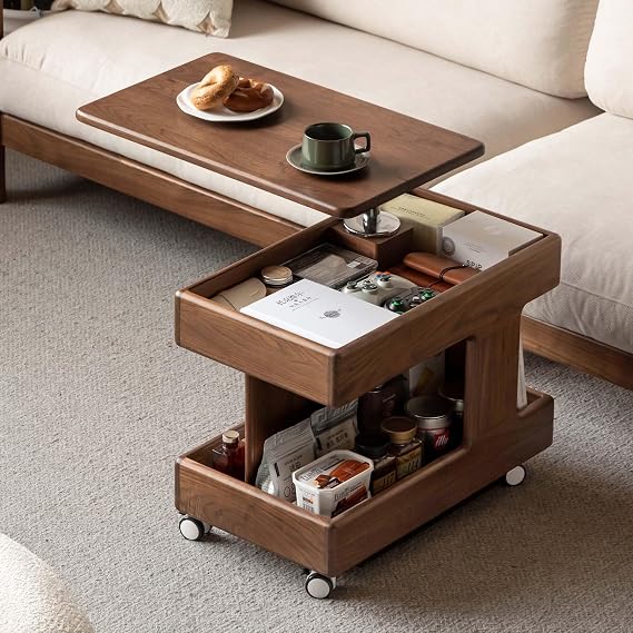 Solid Wood Side Table with Wheels, Lift Top Coffee Table with Adjustable Height, Mobile Bedside Table with Storage for Living Room, Bedroom, Dining Room, Assembled Side Table, Oak, Walnut Finish