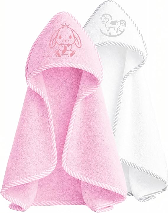 Soft Touch Newborn Essentials 100% Cotton Embroidered Hooded Baby Towel 70 x 70cm for Baby Boys and Girls 0-24 Months (2-Packs)