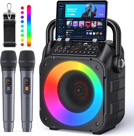 Karaoke Machine with Two Wireless Microphones, Portable Karaoke Machine for Adults & Kids, Portable Bluetooth Speaker with partybox PA System, LED Lights, Supports TF Card/USB, AUX in, FM, USB,TWS