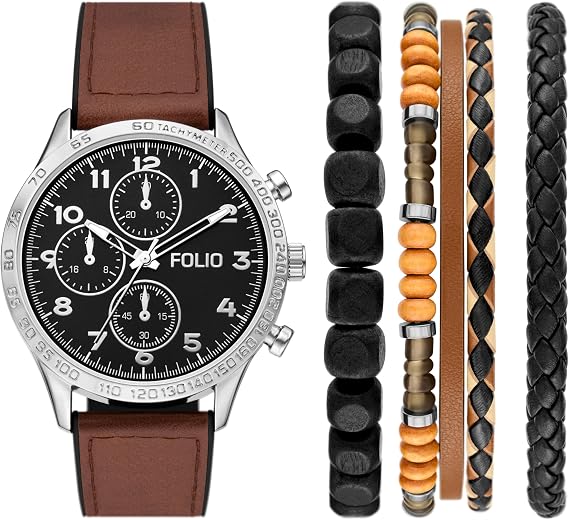 Folio Men's Three-Hand Silver-Tone Brown Strap Watch (Model: FMDFL6103)