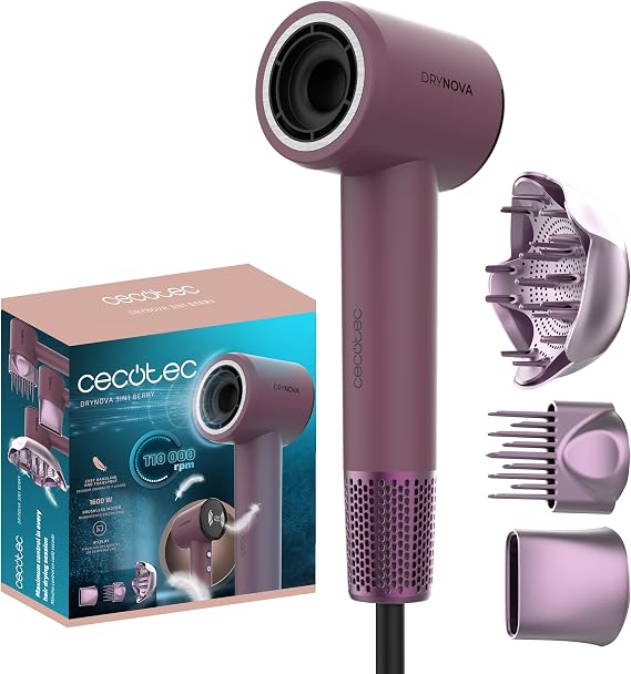 Cecotec DryNova 3in1 Berry Compact and Lightweight Hair Dryer. 1600W, 110000RPM, Brushless Motor, Volumizer, Diffuser and Concentrator, Ion Generator, Quiet and Durable, 4 Temperature Settings