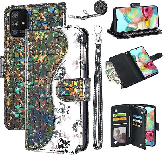 花柄 ウォレットケース Samsung Galaxy A51 4G用 リストストラップ ショルダーストラップ フリップ ジッパー 財布 カード ホルダー、スタンド キラキラ キラキラ キラキラ 携帯電話カバー 51 M40S 51A A515F S51用 ブラック