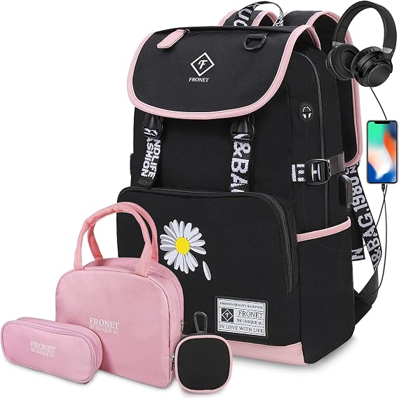 School Bags for Girls, Teenage Girl's Backpack for Primary Secondary Junior Senior School Kids Children Book Bag College Students Women Casual Daypack Bookbag Set with Lunch Box, Pencil Case