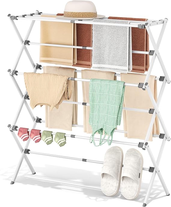 SYKIARIOL Compact Clothes Airer, 3-Tier Drying Rack, 11 Poles